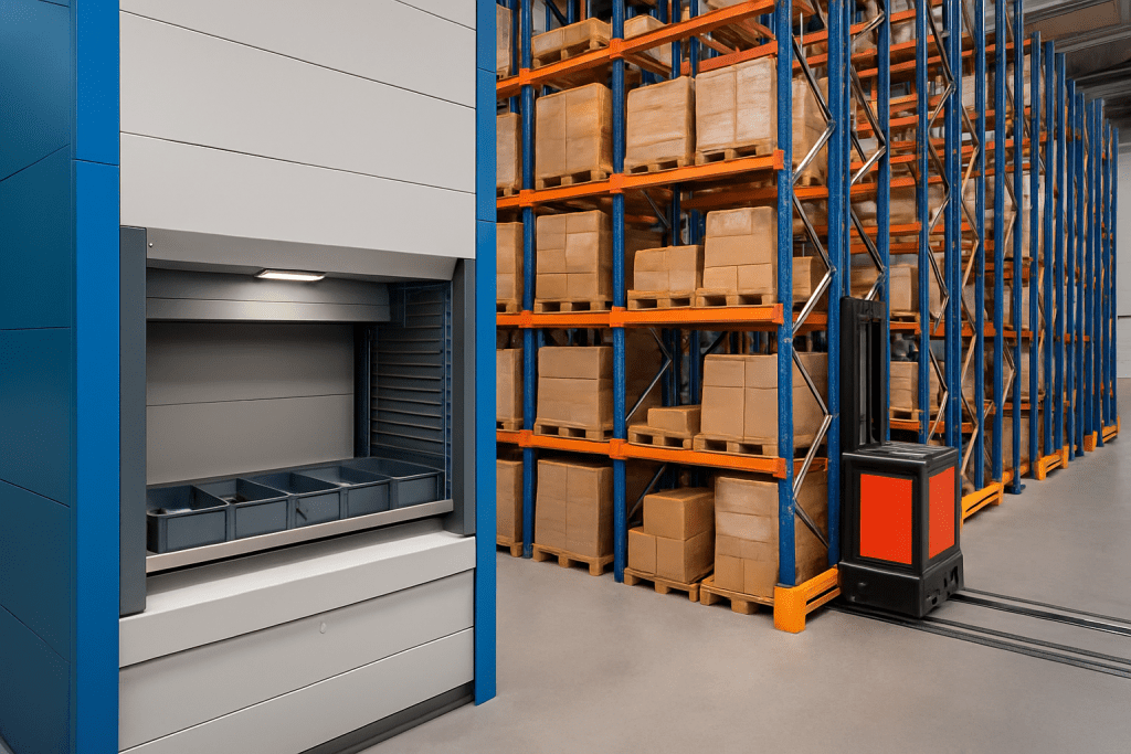 Abstract 3D illustration of vertical carousel storage shelves in a modern warehouse, highlighting automation and efficient use of vertical space.