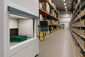 A warehouse technician installing a vertical lift module in a partially operational storage area, with existing pallet racks and inventory in the background, highlighting gradual integration.