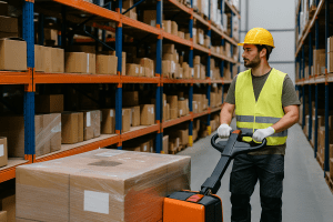 A warehouse manager in business attire reviews performance data on a clipboard while standing in front of automated storage systems and organized shelving, illustrating warehouse optimization in progress.