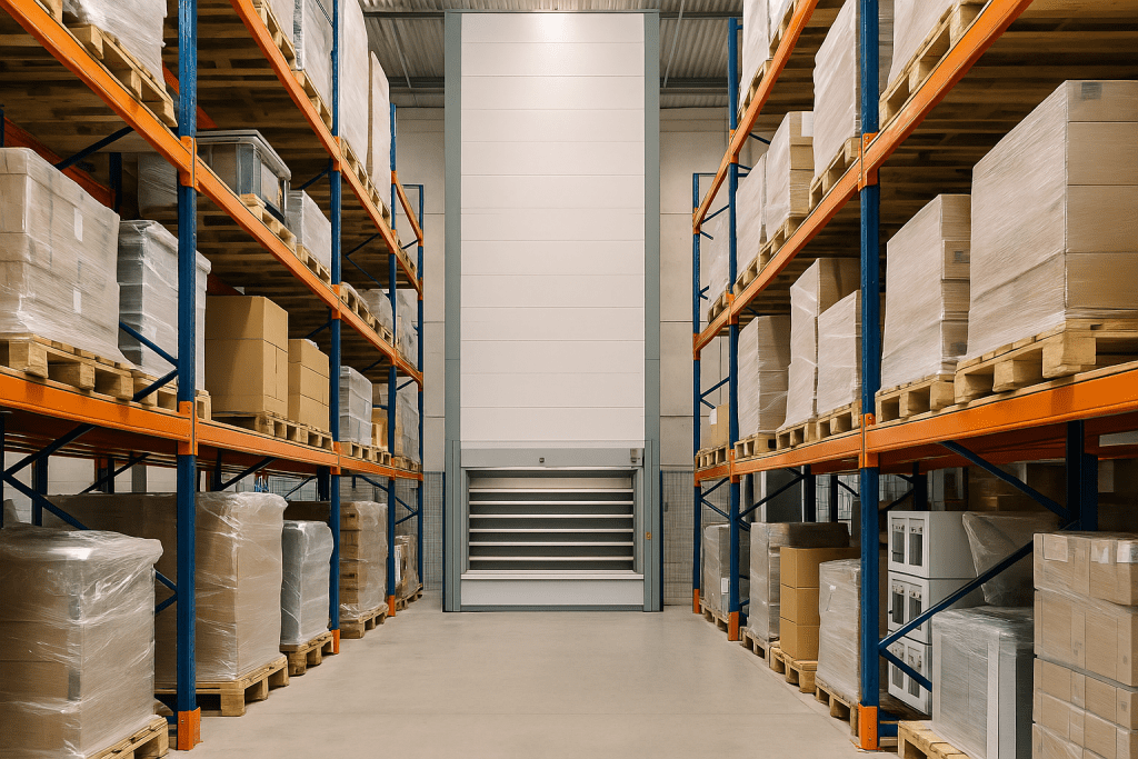 A wide-angle view of a clean, organized warehouse with tall pallet racking, a white vertical carousel in the center, and evenly spaced inventory under bright lighting.