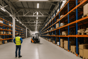 A warehouse worker in a yellow safety vest stands in front of an empty forklift, evaluating tall rows of blue and orange industrial pallet racking inside a large, well-lit warehouse.