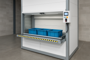 A warehouse interior featuring a vertical carousel storage system beside tall blue and orange pallet racking, with neatly organized bins and boxes in a clean, well-lit space.