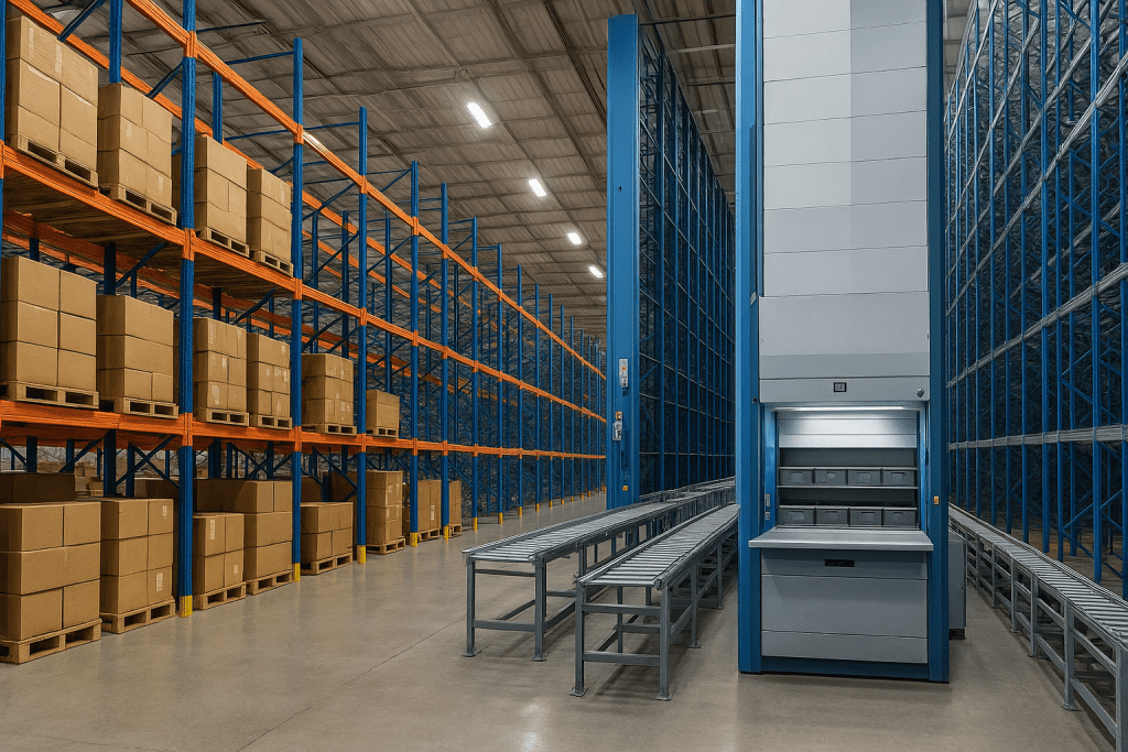 Modern warehouse interior featuring tall blue and orange pallet racks on the left and an automated vertical lift module with conveyor lines on the right, illustrating an integrated storage and automation system.